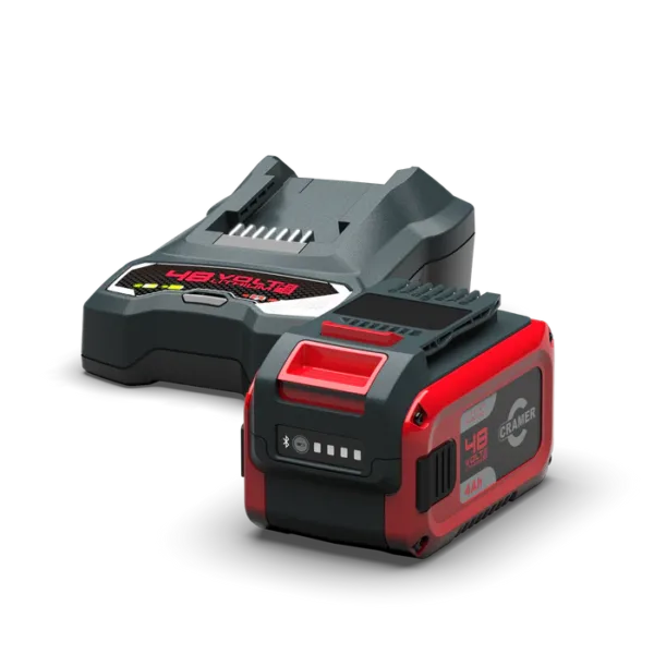 Starter kit 48V – 4Ah comprenant une batterie lithium-ion et un chargeur rapide, compatible avec outils électriques.