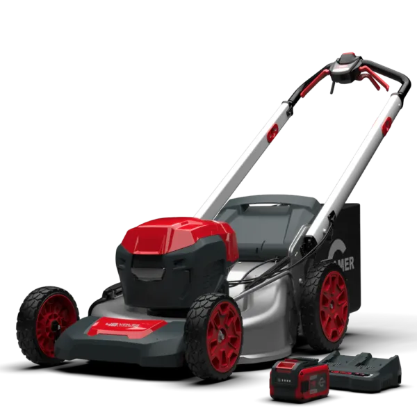 Tondeuse électrique sans fil 48V avec largeur de coupe de 46 cm, livrée avec batterie 4Ah et chargeur double.