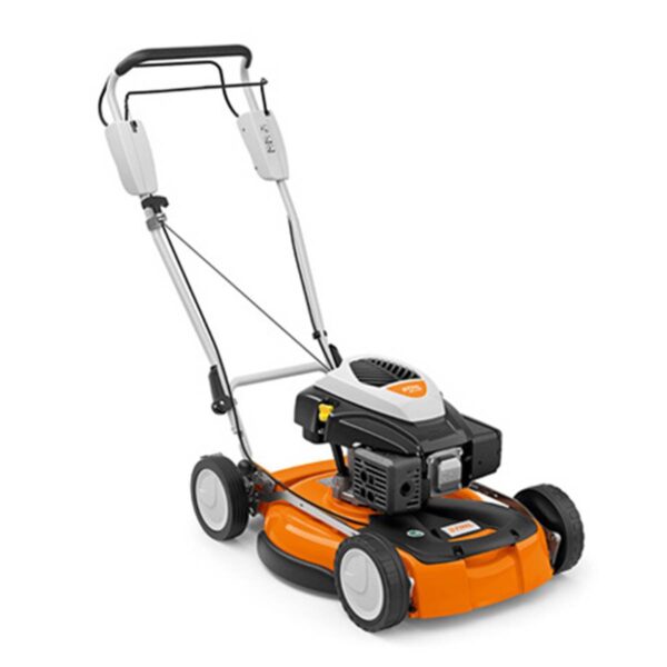 Tondeuse à gazon thermique Stihl RM3 RT, avec guidon ergonomique et fonction mulching, couleur orange et gris.
