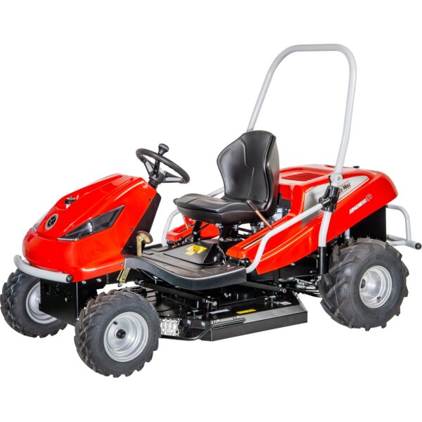 Tondeuse débroussailleuse autoportée TUAREG 92 EVO K, véhicule de tonte pour herbes hautes et terrains difficiles, couleur rouge et noir.