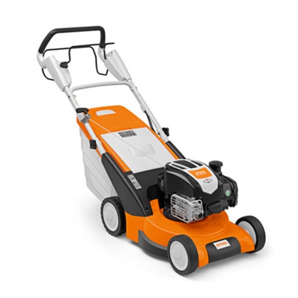 Tondeuse à gazon Stihl RM 545 VM, tondeuse thermique autotractée avec réglage centralisé de la hauteur de coupe, couleur orange et gris.