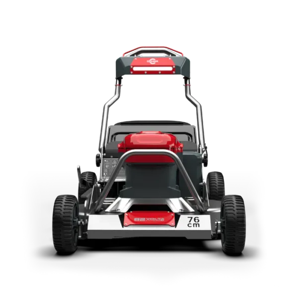 Tondeuse professionnelle tractée, largeur de coupe 76 cm, alimentation électrique sur batterie 82V, idéale pour grands espaces verts.