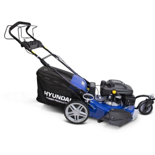 Tondeuse thermique autotractée HYUNDAI avec largeur de coupe de 56 cm, 3 roues, moteur 196 CC, démarrage électrique et fonction mulching.