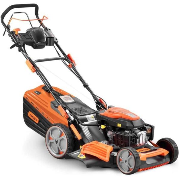 Tondeuse thermique FUXTEC FX-RM5396PeS-PRO avec largeur de coupe de 53 cm, démarrage électrique, système autotracté et vitesse réglable.