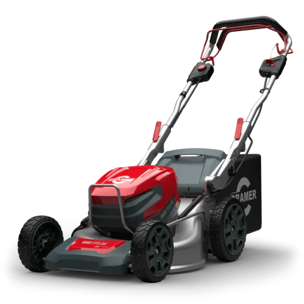 Tondeuse tractée sur batterie, largeur de coupe 46 cm, tension 82V, pour entretien de pelouse.